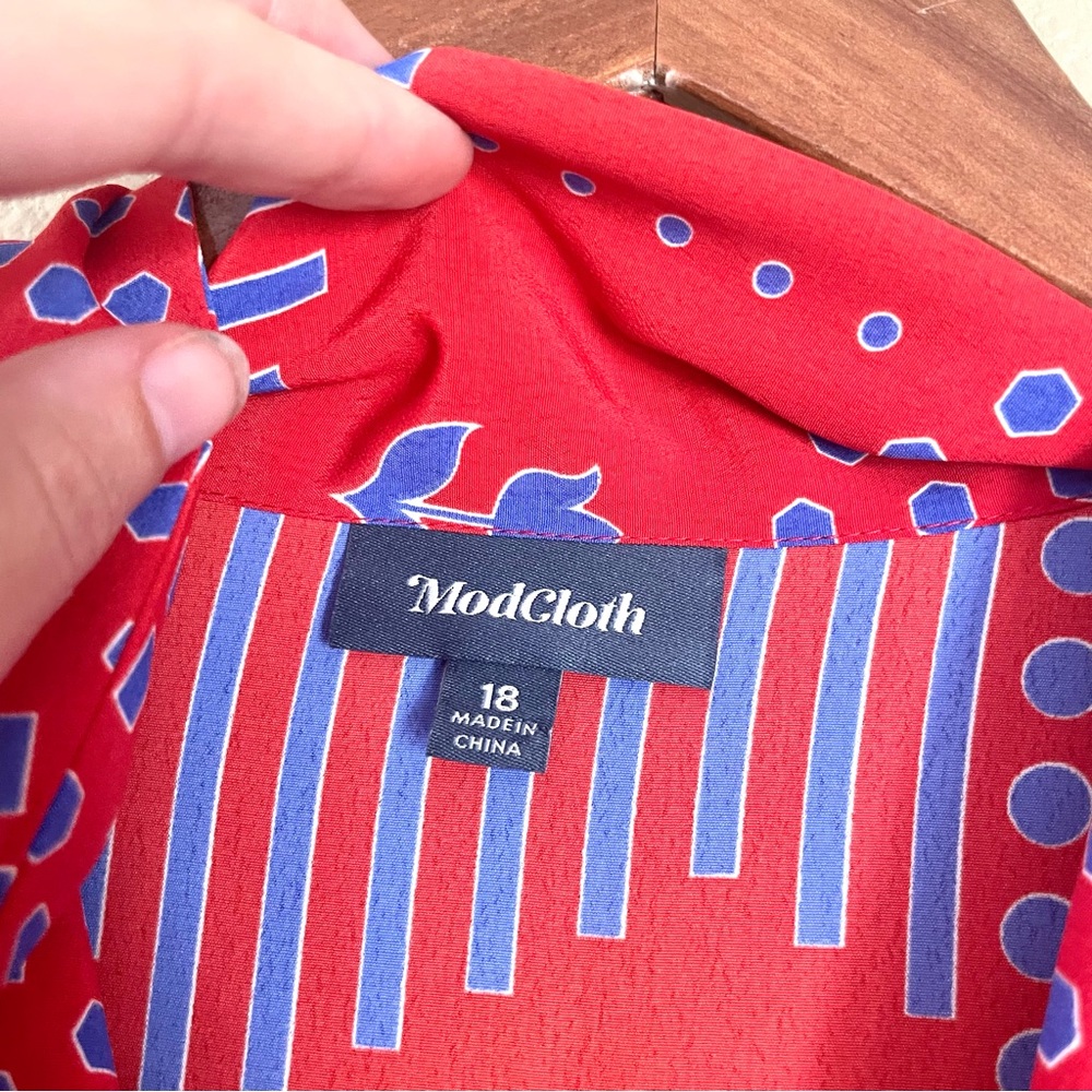 ModCloth Red and Lavender Long Sleeve Tie-Neck Dress - Picture 3 of 13